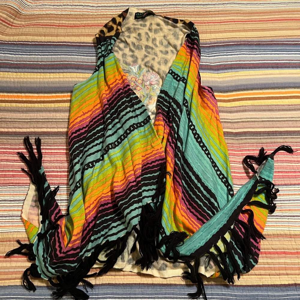Crazy Train Leopard & Multicolor Fringe Kimono Vest - Picture 2 of 7